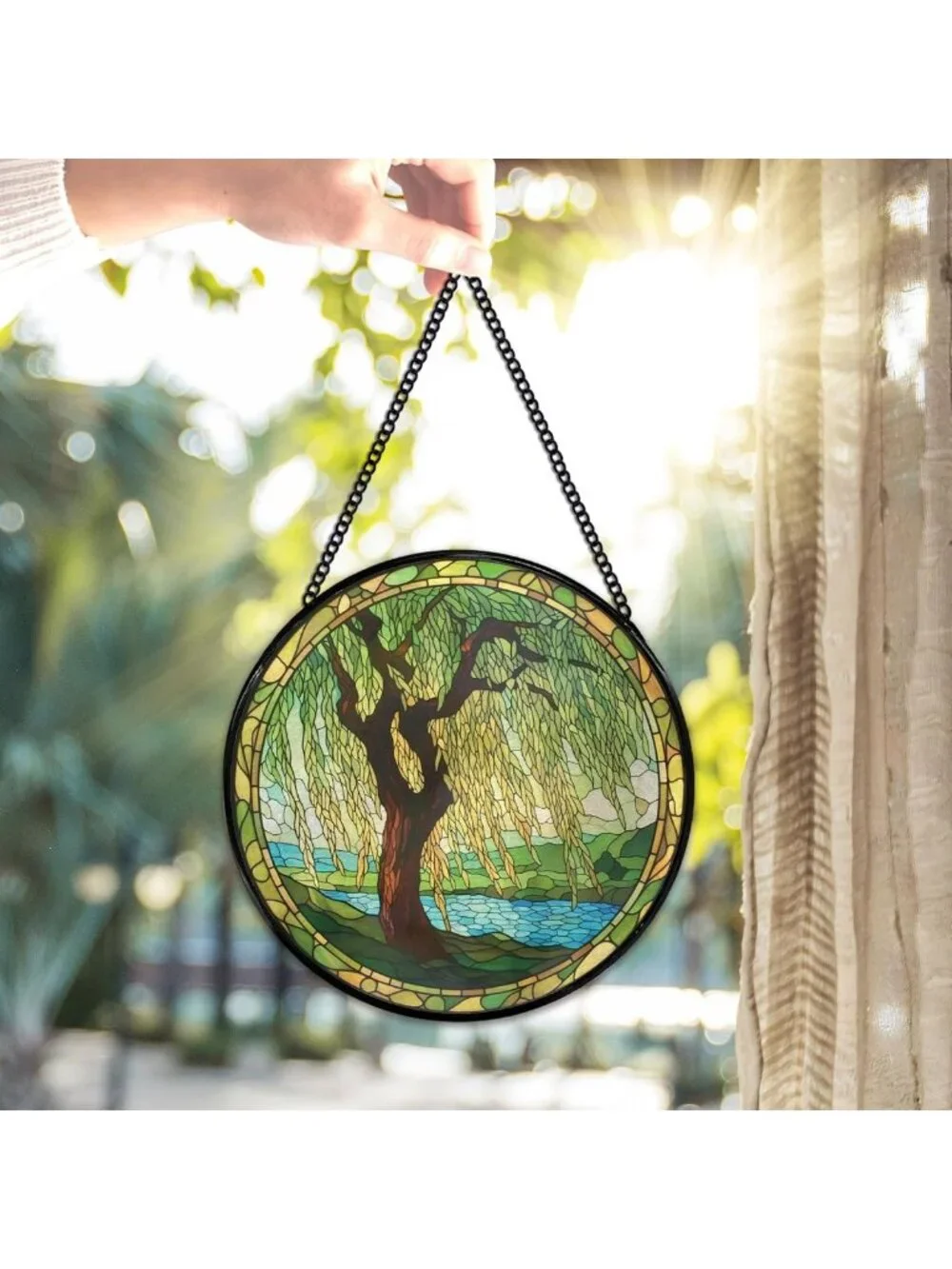 Stained Glass Suncatcher - Weeping Willow Window Art, Nature Decor, 7.9